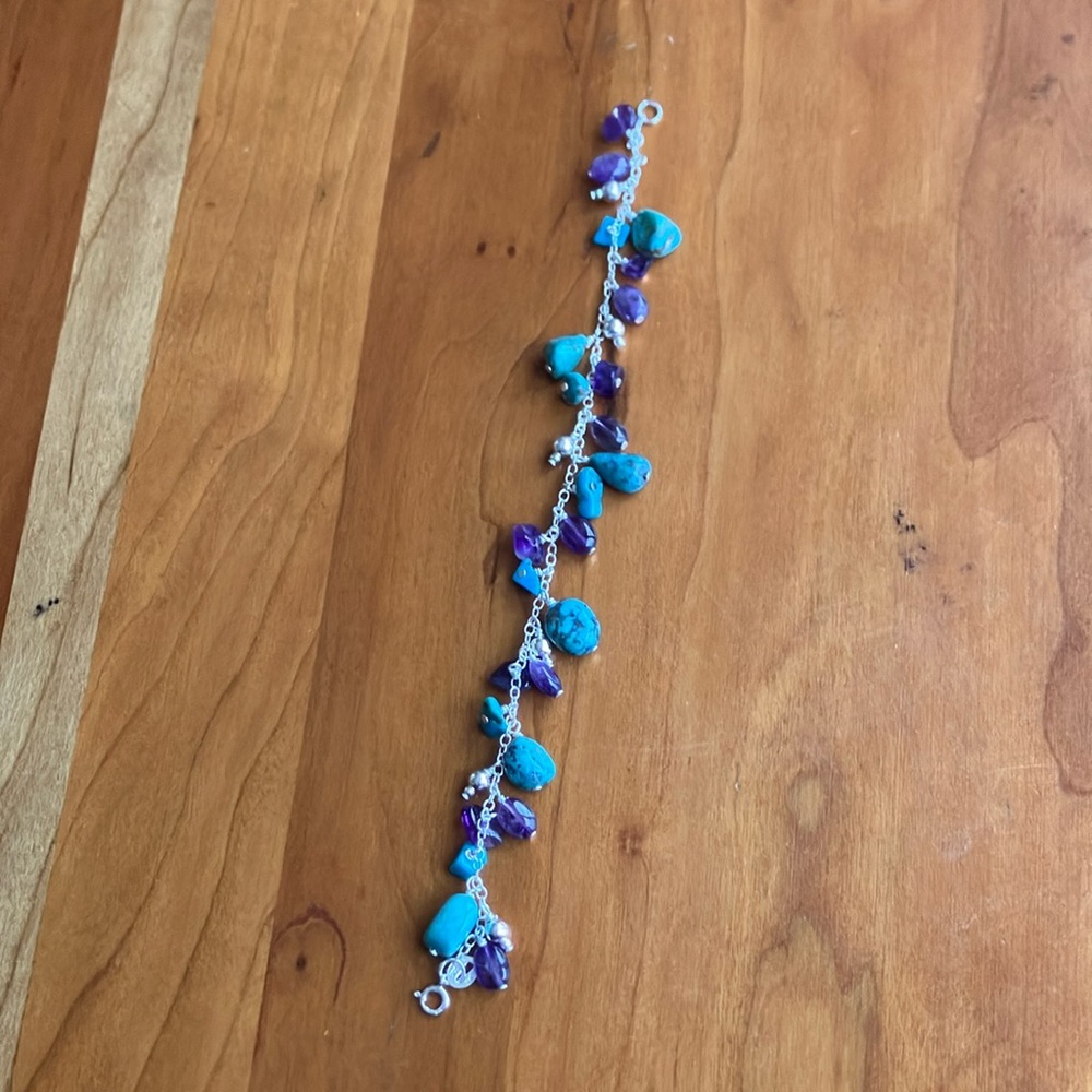 Sliver with teal and purple gem stones bracelet